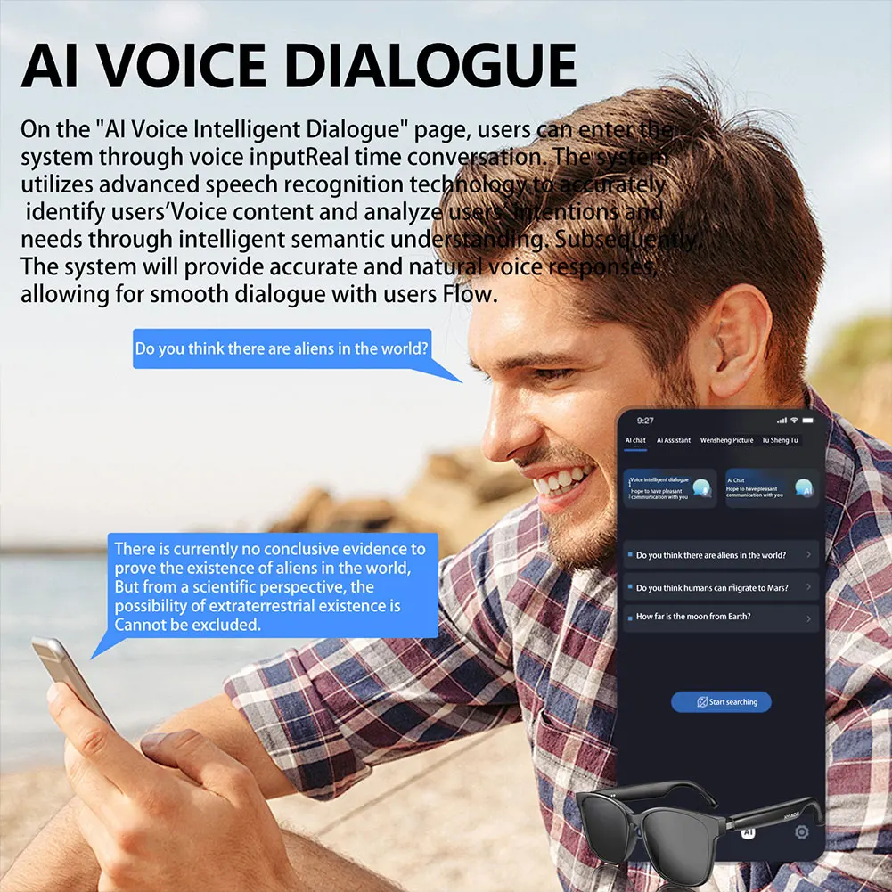 Фото Умные очки AI, интеллектуальный перевод, беспроводные Bluetooth-очки, автоматический голосовой перевод, аудиоочки, поддержка 75 языков №3