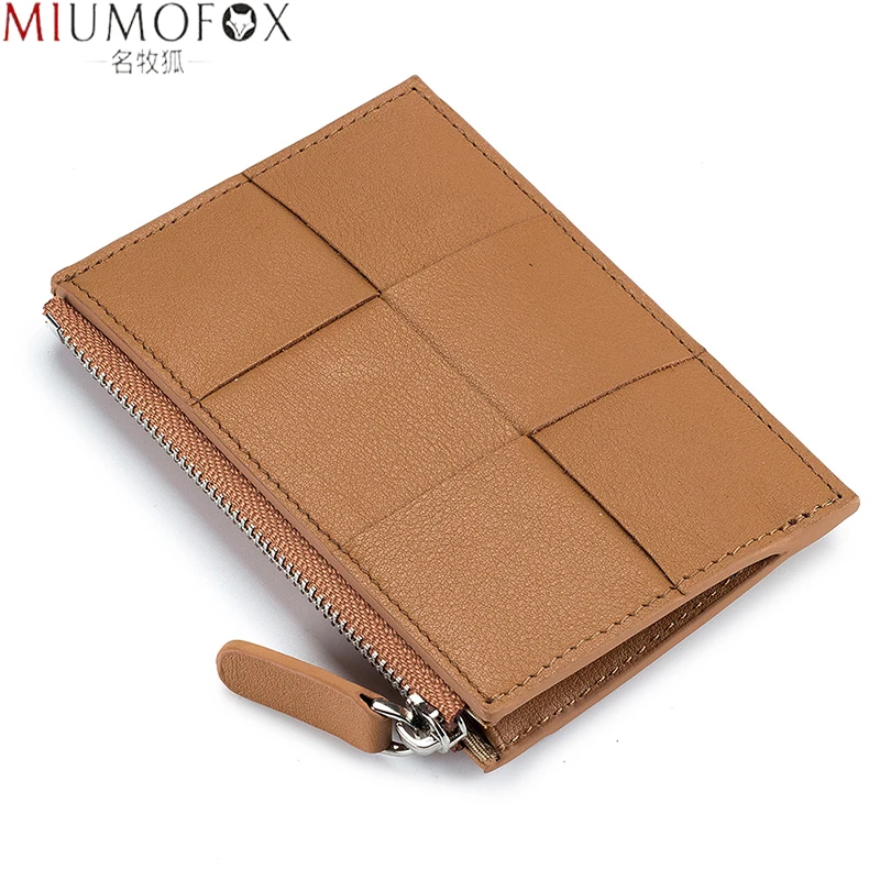 

Luxury Weave Genuine Leather Women Wallet Small Slim Woven Zipper Credit Card Holder Knit Cow Leather Coin Purse Male Money Bag