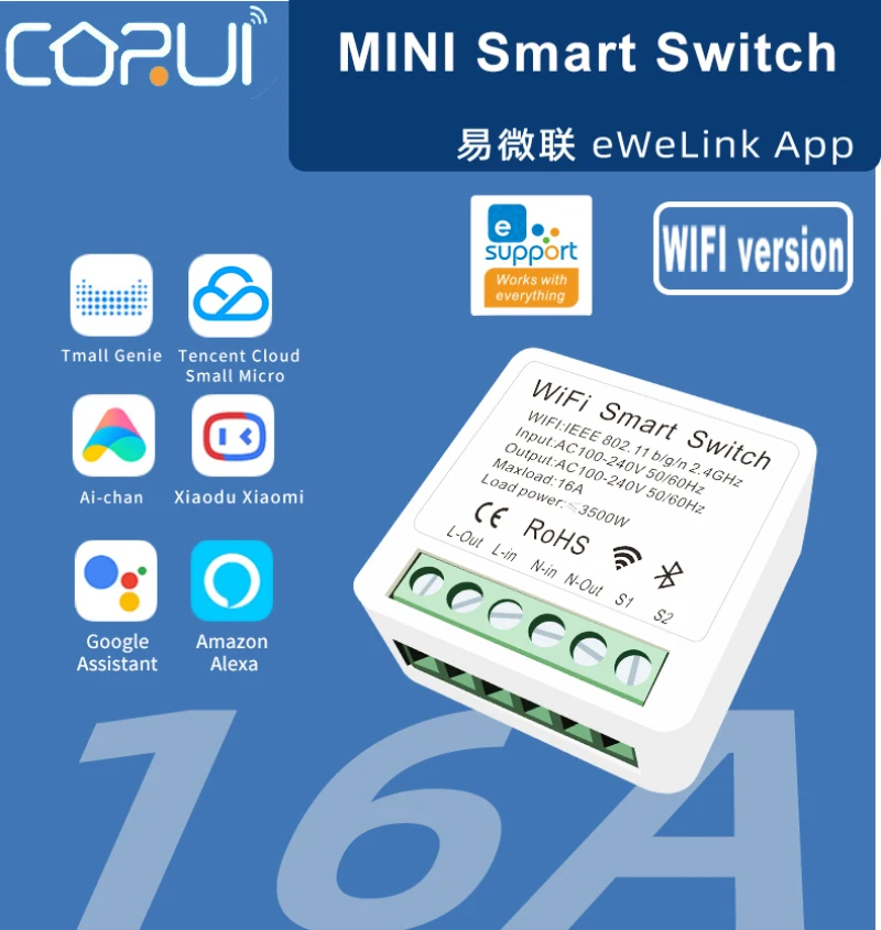 

Corui Wi-Fi 16A мини умный переключатель дистанционного Управление таймером беспроводной Supporte 2-ходовой переключатель управления "умный дом" Совм...