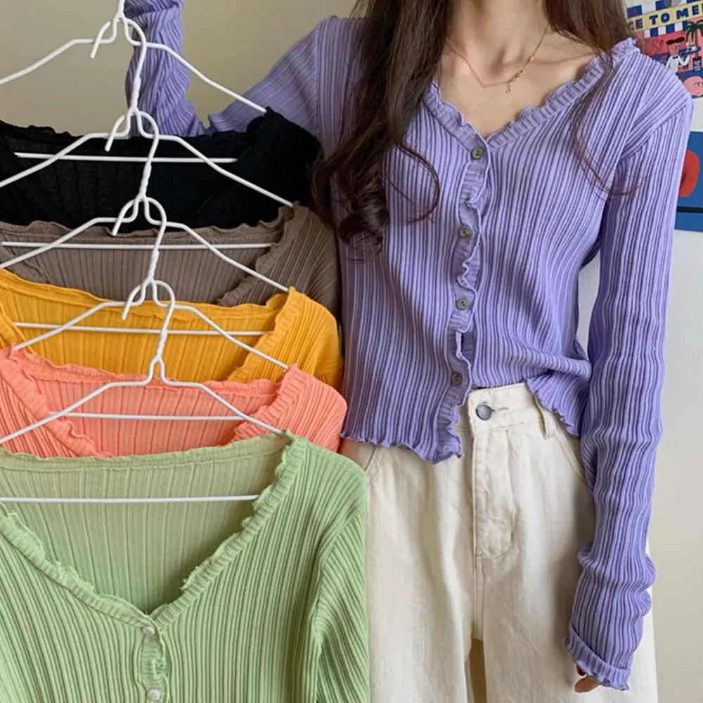 

Top V Neck Slim Crop Top Long Sleeve Blouse Women Knitting Sun Protection Cardigan Crop Top