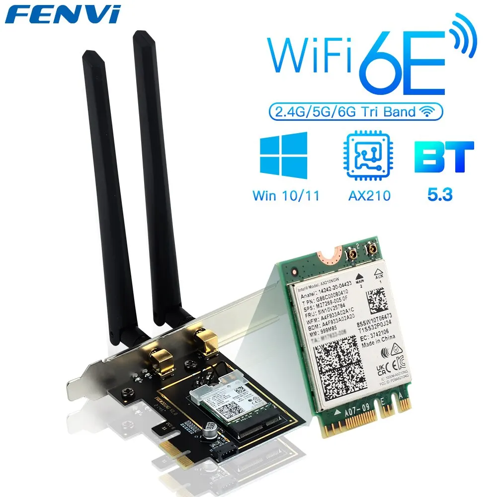 FENVI PCIE Wireless WiFi Adapter 5374Mbps WiFi 6E AX210NGW 2.4G/5G/6Ghz For Bluetooth 5.3 802.11AX Network WiFi Card PC Win10/11