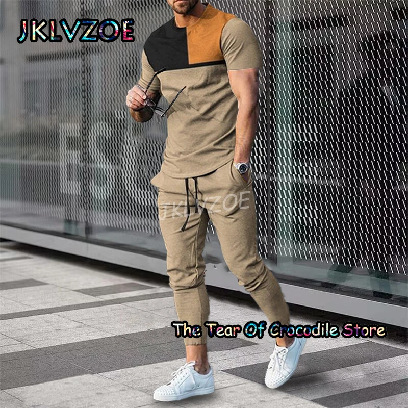 2023 Men's T Shirt+Pants Trousers Tracksuit 2 Piece Set 3D Printing Summer Dark stripe Trend Outfit Short Sleeve Street Clothing