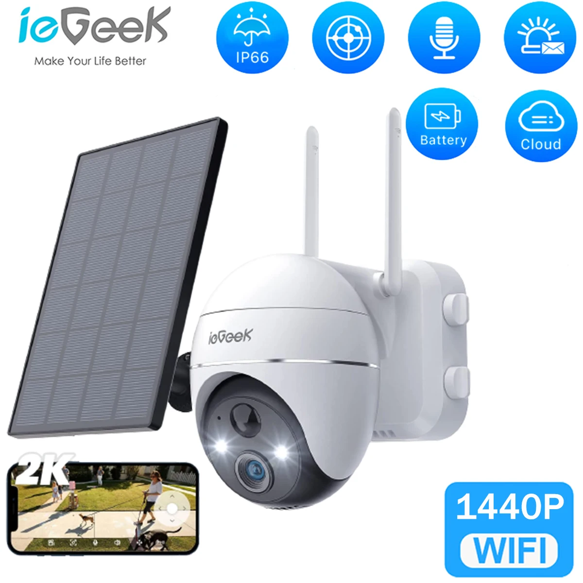 Беспроводная IP-камера ieGeek с солнечной панелью Wi-Fi 360 ° |