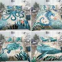 Sea Turtle Bedding Ocean Duvet Cover Set Teal Mediterranean Style Marine Theme Design Ocean Bedding Sets Queen King Twin Size