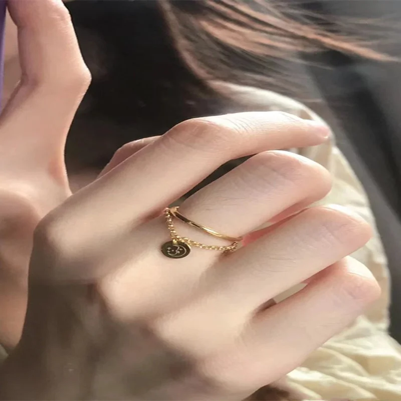 

Fashion Trend Hip-hop Creative Temperament Chain Round Card Open Women's Ring, Punk Style Personality Geometric Open Ring Ring