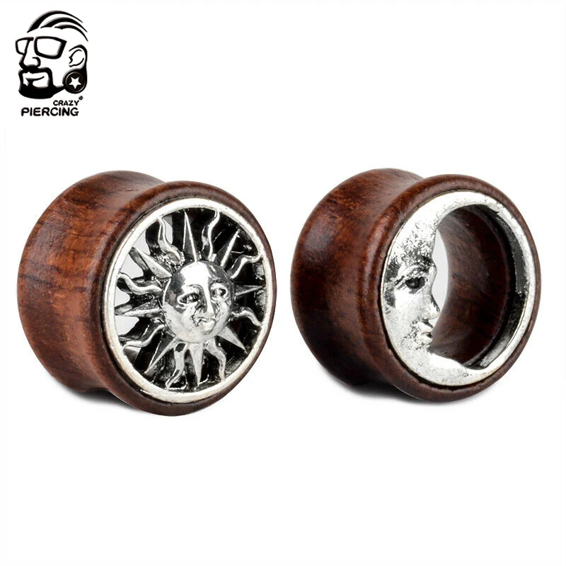 

2PCS Moon And Sun Wood Ear Plugs Gauges Earrings Women Men Flesh Tunnel Expander Piericing Stretcher Body Piercing Jewelry