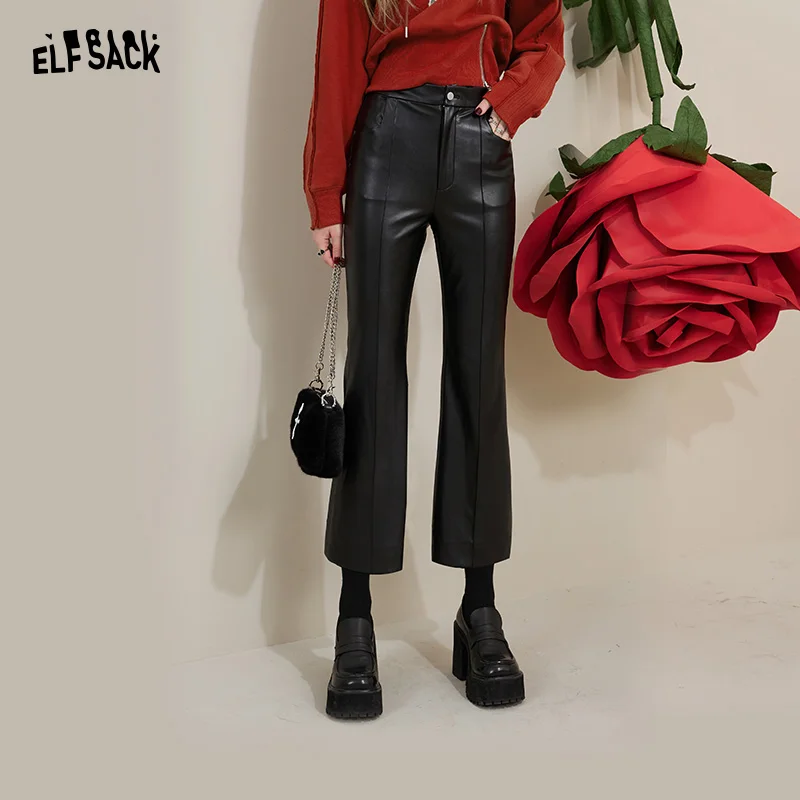 ELFSACK Black Leather Pants Women 2022 Autumn/Winter Slim High Waist Casual Daily Trousers