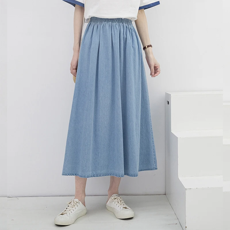 

COIGARSAM Women Skirt Summer Loose High Waist Light Dark Blue Black White Apricot Skirts Dropshipping