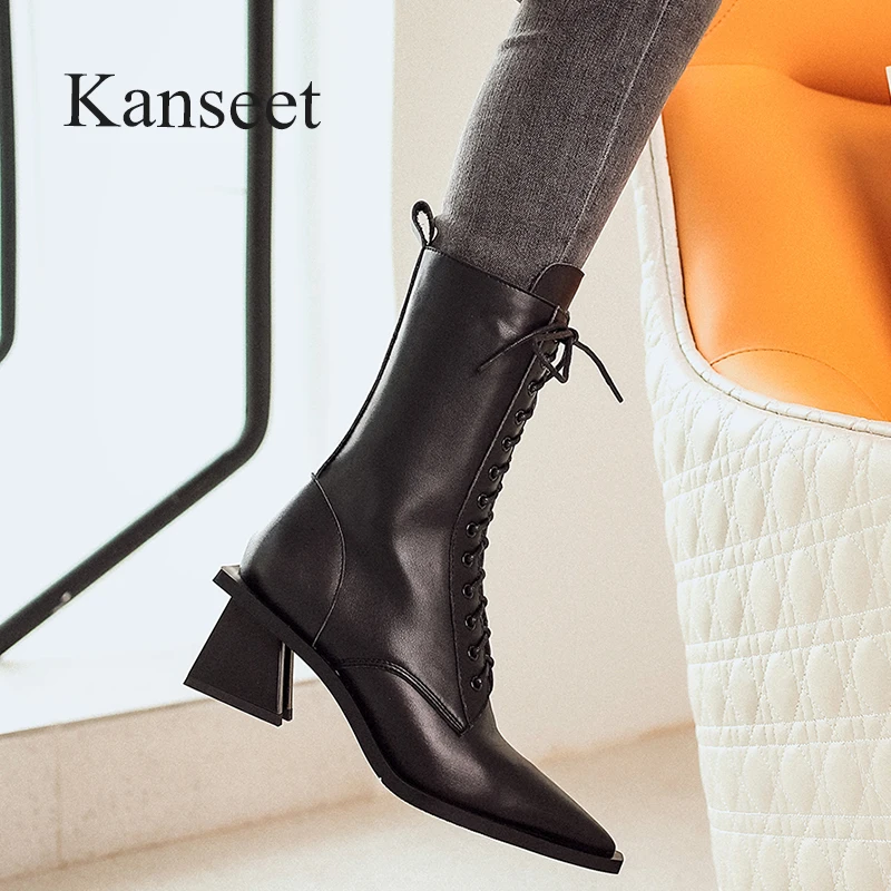 

Kanseet Boots For Lady Autumn Winter New Elegant Pointed Toe Zipper Handmade Slim High Heels Women Mid-Calf Boots Brown Size 40