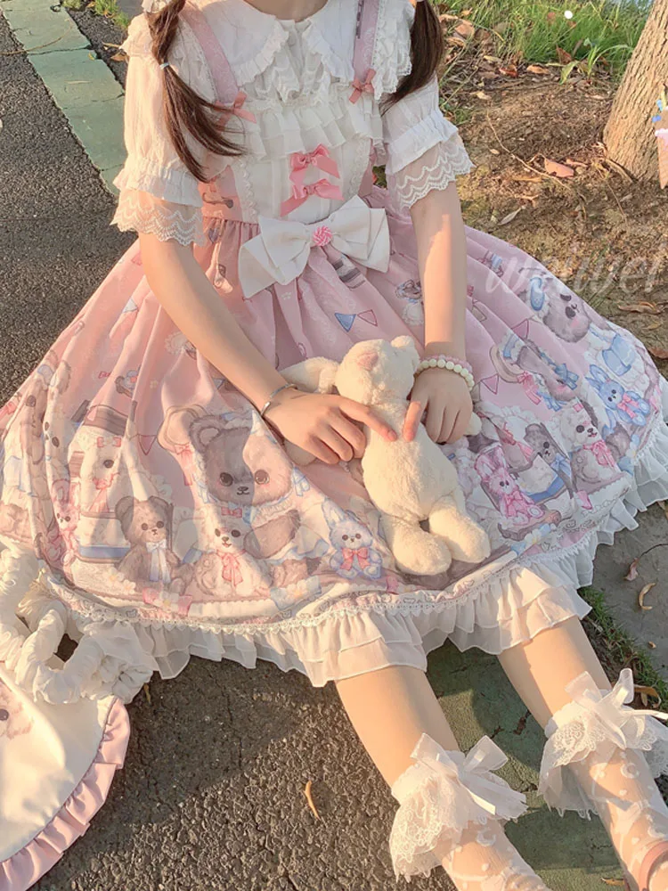 

KIMOKOKM Lovely Lolita Princess Lace JSK Dress Square Collar Cartoon Printing Bow Ruffles Sleeveless Sweet Camisole Dresses