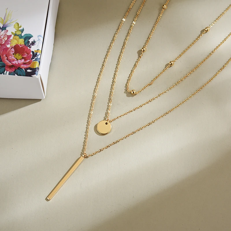 

NEW Simple Three Layer Necklace Fashion clip bead chain Shiny Long Bar Pendant Women Wedding Gifts Exquisite Accessories