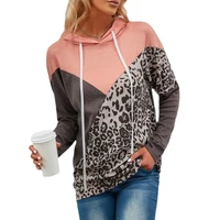 2022 new contrast color drawstring hooded long sleeve leopard print splicing casual womens sports sweater