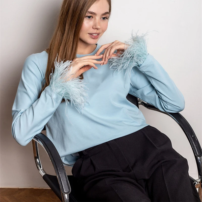 

2022 Solid Casual Feathers Women's T-Shirts Spring Summer O Neck Long Sleeve Loose Ladies Jumper Tops Fashion Basic Female Shirt