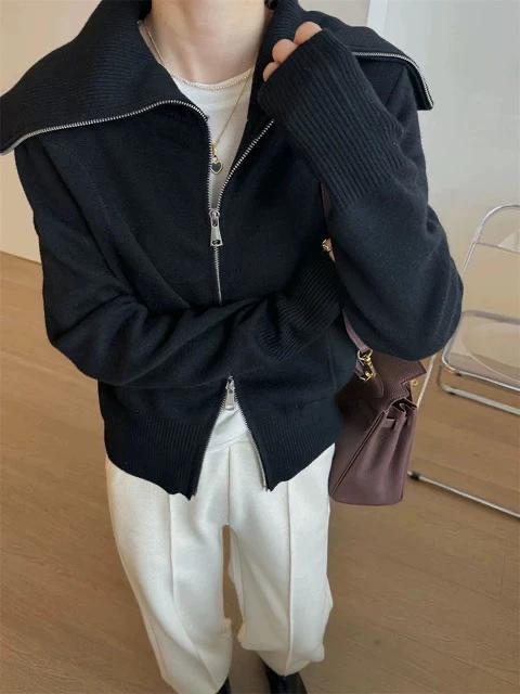 Новинка 2024 флисовый вязаный кардиган с двойной молнией и длинными рукавами