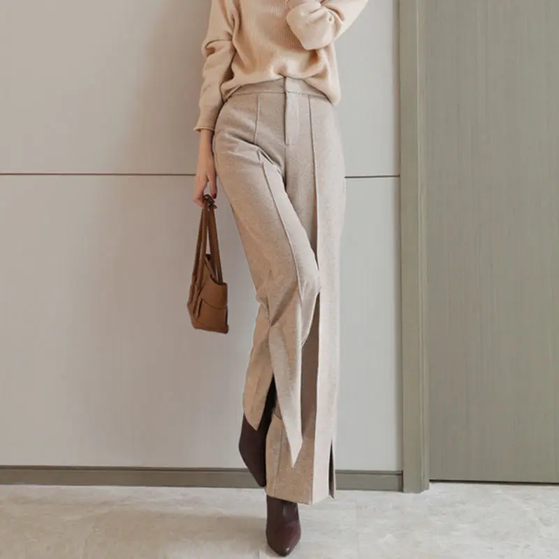 

2023 Women's Autumn Winter New Split Wide-leg Pants Female High Waist Casual Pants Ladies Loose Woolen Straight Trousers F67