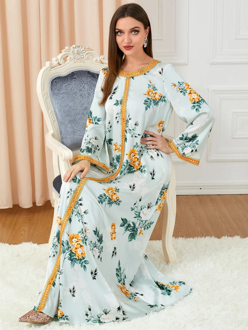 Floral Print Long Sleeve O-Neck Embroidery Tape Trim Maxi Dress Elegant Muslim Abayas For Women Dubai 2022 For Spring Autumn