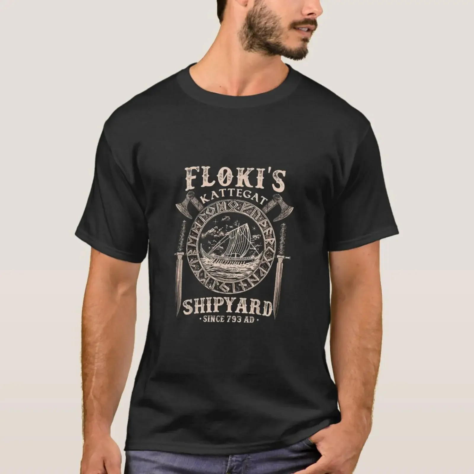Фото Футболка Flokis Shipyard Kattegat с изображением викингского корабля, винтажная, с эффектом потертости, уличный стиль, для повседневной носки, модная, повседневная, слегка состаренная №1