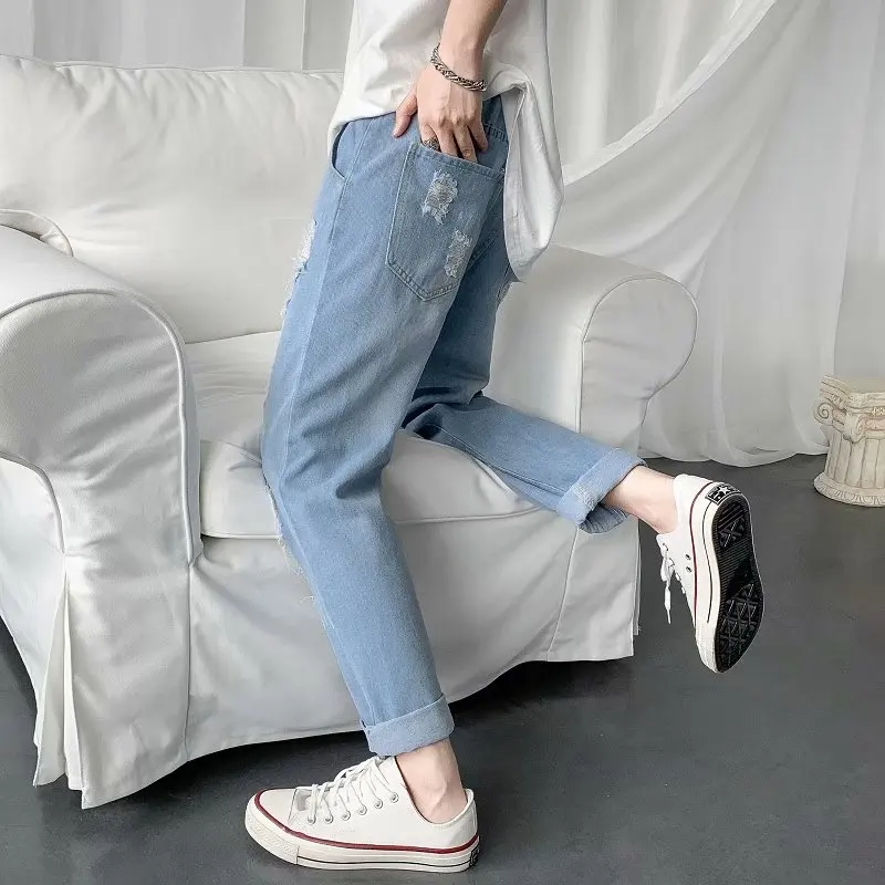 2022 Preppy Style Hole Ripped Hip Hop Men Drawstring Jeans Trousers Elastic Waist Students Daily Casual Denim Pants Moda Hombre