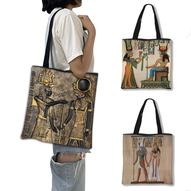 

Classic Ancient Egyptian Art Pattern Handbag Women Egypt Pharaoh Anubis Tote Bags Reusable Grocery Large Capability Shoulder Bag