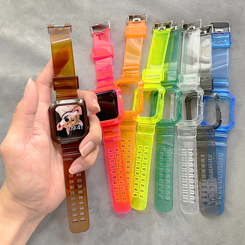 Силиконовый ремешок + чехол для Apple Watch ремешки 11 42 мм 46 мм 44 мм 40 мм 41 мм 45 мм Прозрачный браслет iWatch серии 10 9 8 7 6 5 Se 3 (art.: 3920d2c5c4396) - 3920d2c5c4396