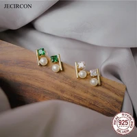jecircon 925 sterling silver plated 14k gold delicate zircon pearl earrings simple ins whitegreen color zircon stud earrings