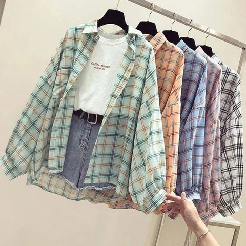 Korean Style Plaid Classic Loose Shirts Blouse Women Daily Cute Plus Size Student Women Clothing Fashion Vintage Shirt