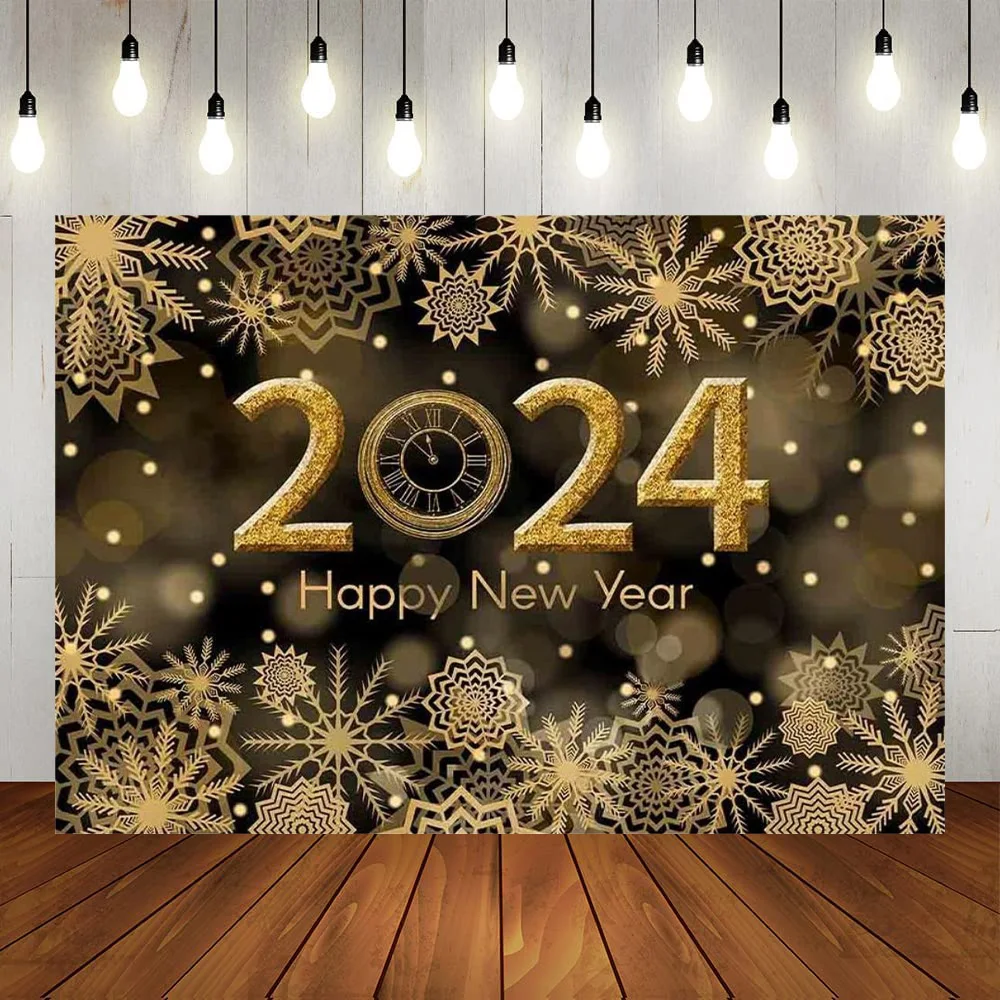 

2024 Happy New Year Photography Background Snowflake Black Christmas Golden Glitter Celebrate New Year Eve Family Party Photo