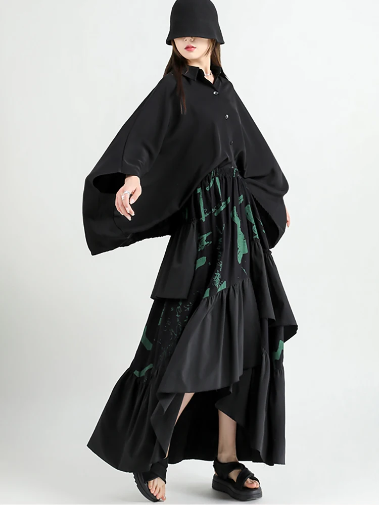 

XITAO Asymmetrical Print Folds Ruffles Skirts Solid Color Loose 2023 Summer New Casual Fashion Temperament All Match WLD11378