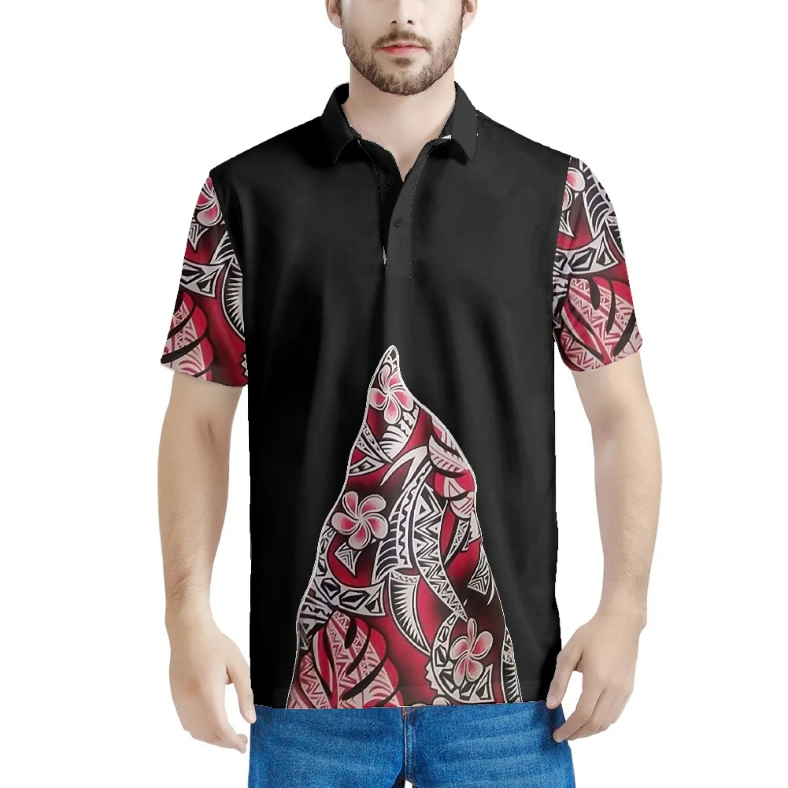 

Polynesian Tribal Pohnpei Totem Tattoo Prints Men's Polo Shirts Short Sleeve Contrast Color Polo Shirts Men High Quality Social