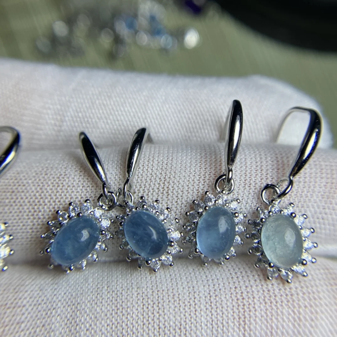 

1Pcs/Lot Natural Aquamarine Earrings Blue Transparent 925 Silver Inlaid hook women's jewelry Pendientes Mujer Aretes De Mujer