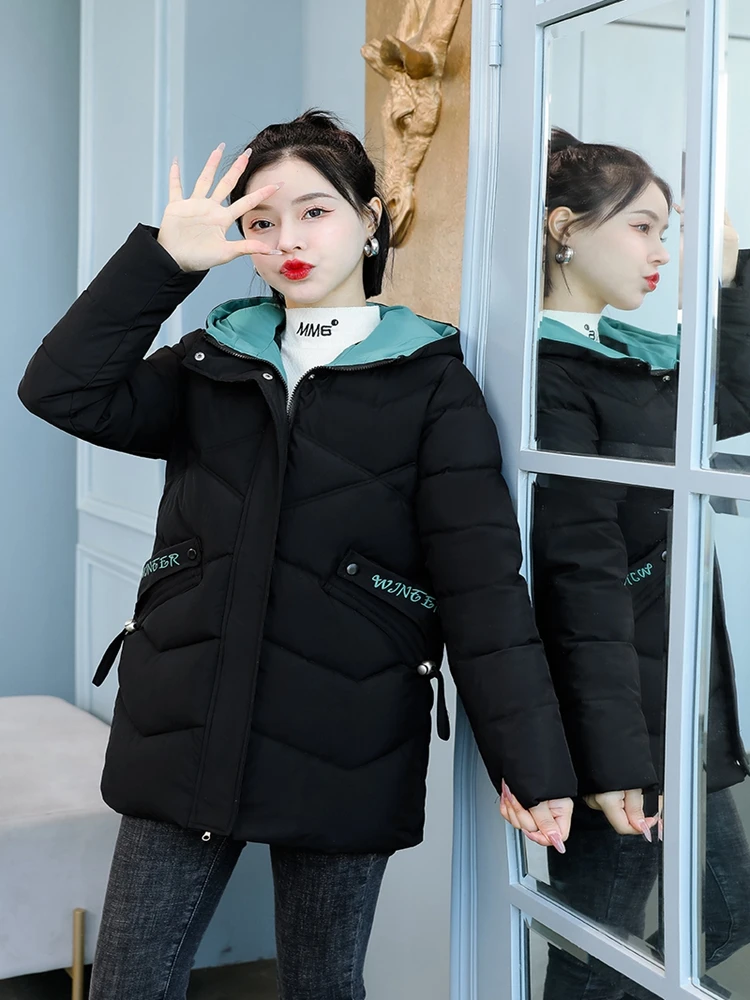 2022 Women Winter Thick Hooded Down Jacket Cotton Warm Padded Parka For Woman Mid Length Cotton Coat