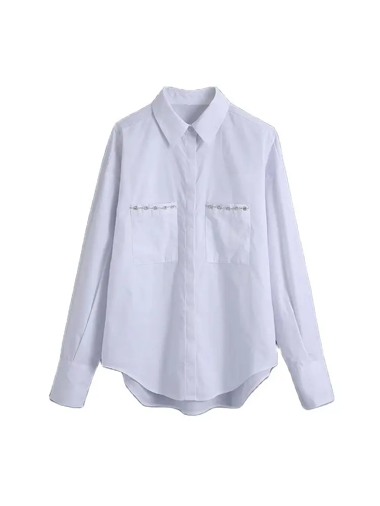 

Willshela Женская мода с карманами, однотонные однобортные рубашки, винтажная женская блузка с отворотом и длинными рукавами