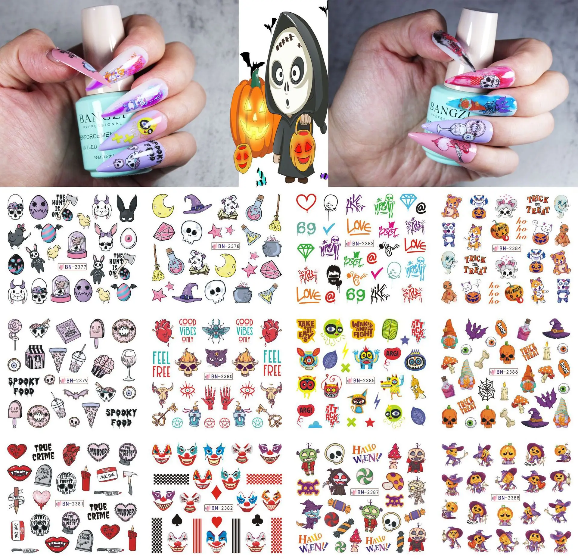 

12 Sheets Funny Halloween Elements Spooky Food Skull Pumpkin Ghost Water Transfer Nail Art Stickers Decals Manicure DIY Supplies