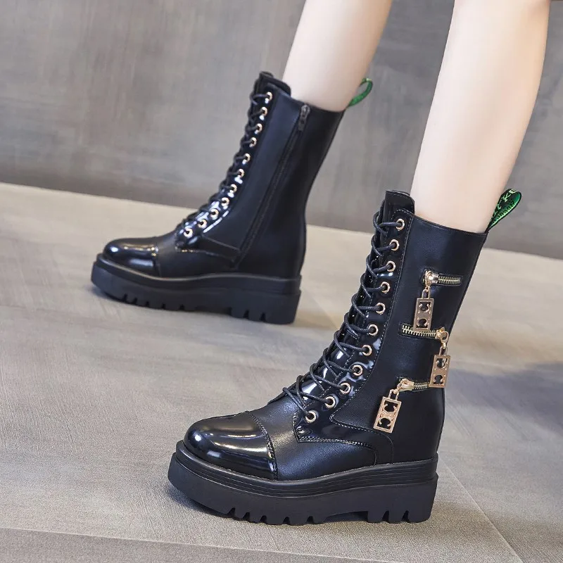 

Women's Motorcycle Boots Internal Increase Platform Boots Zipper Decoration Women Lace Up Ankle Boots 2022 New Autumn Winter