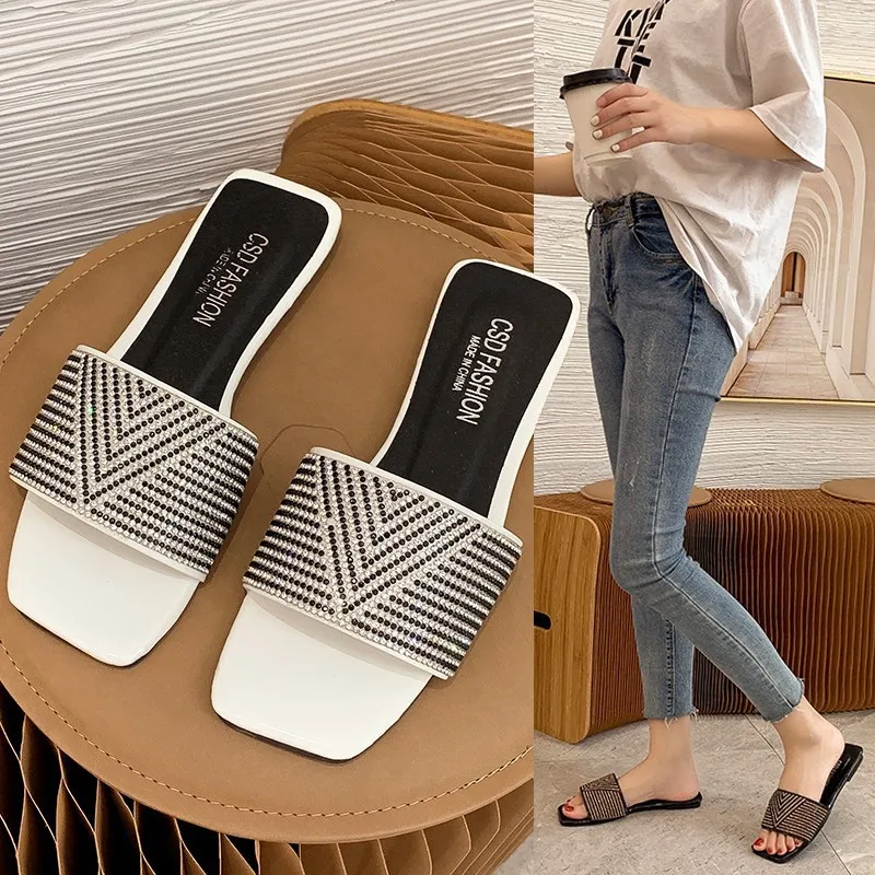 

Women's Summer Slippers Rhinestones Leather Slippers Square Toe Low Heel Slip-on Shoes On Offer Fashion Slippers Luxury Brands