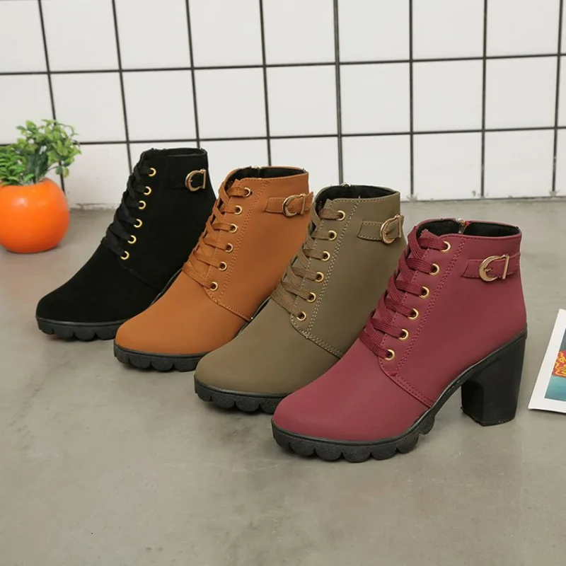 

Ankle Boots For Women New Elegant Square Heel Shoes Woman High Solid Vintage Lace-up Ladies Winter Platform Boots High Heel