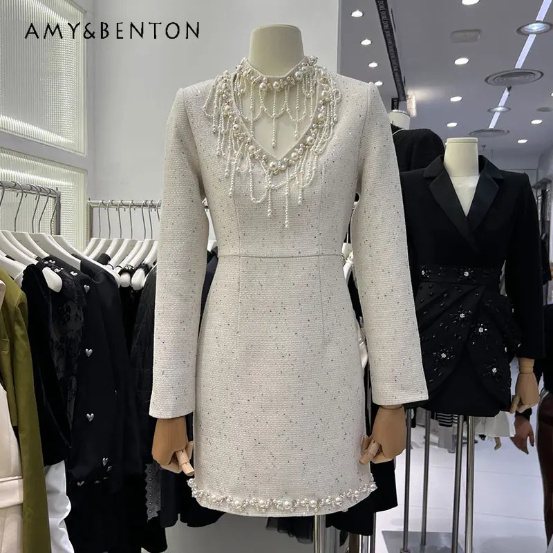 

Autumn New French Fashion Dinner Pearl Decorative Woven Dress for Women Elegant Long Sleeve Midi Dress for Ladies New Fashion