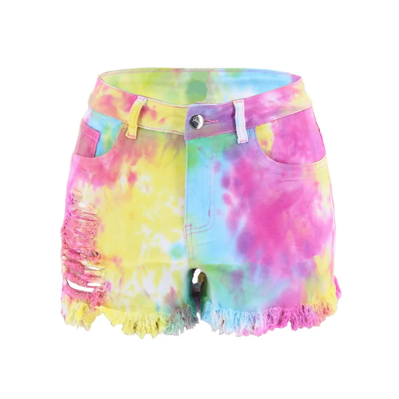Summer tie dyed tassel leg hole loose women's Denim Shorts jeans hole sexy casual mix color short jeans