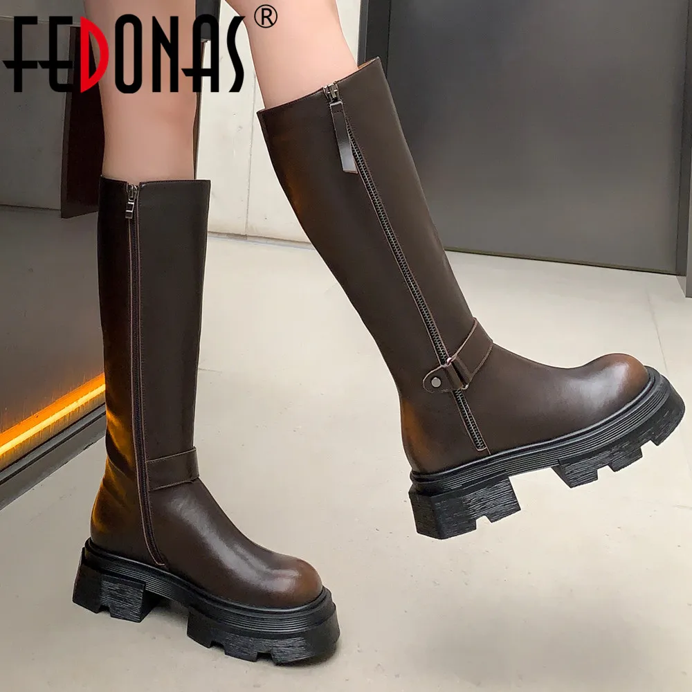 

FEDONAS New Platforms Women Knee-High Boots Side Zipper Genuine Leather Quality Popular Autumn Winter Office Lady Western Boots