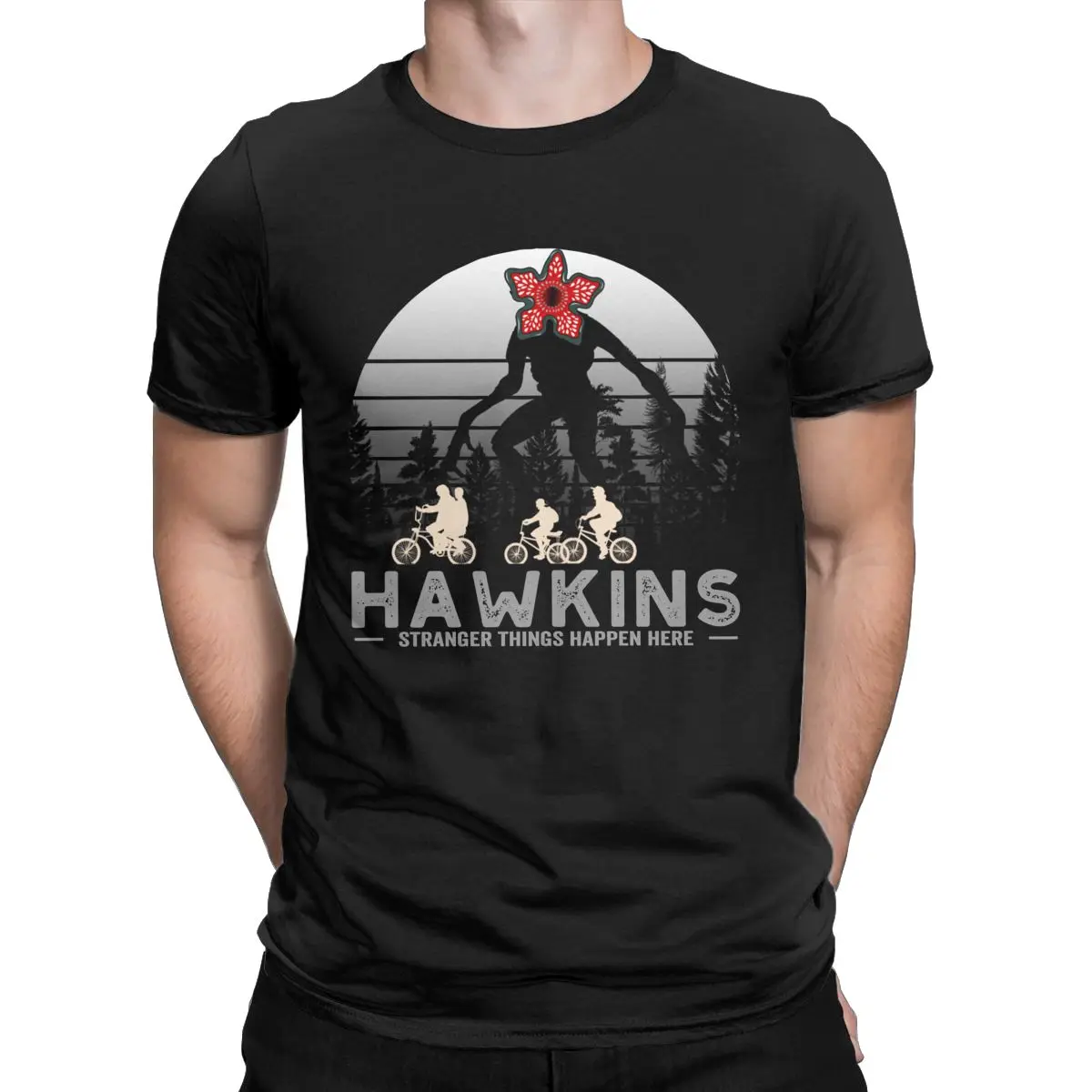 

HAWKINS Strange Things Happen Here t shirt for men 100% Cotton Humor T-Shirts Stranger things Tees Short Sleeve Clothes Summer