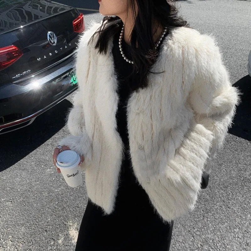 V-neck fur fluffy, silky, hairy, autumn and winter coat, female