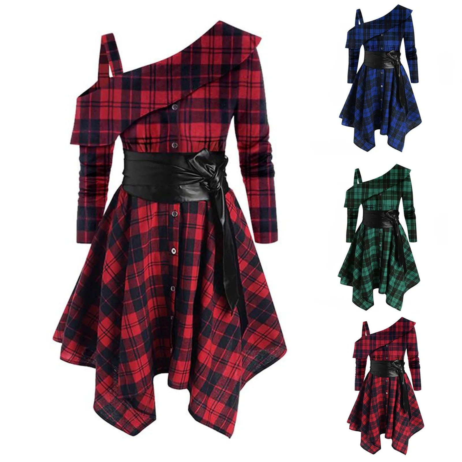 

Fashion Women Irregular Belt Plaid Dress Casual Sexy Tunic Summer Beach Sundress Gothic One Shoulder Evening Party Dress Vestido