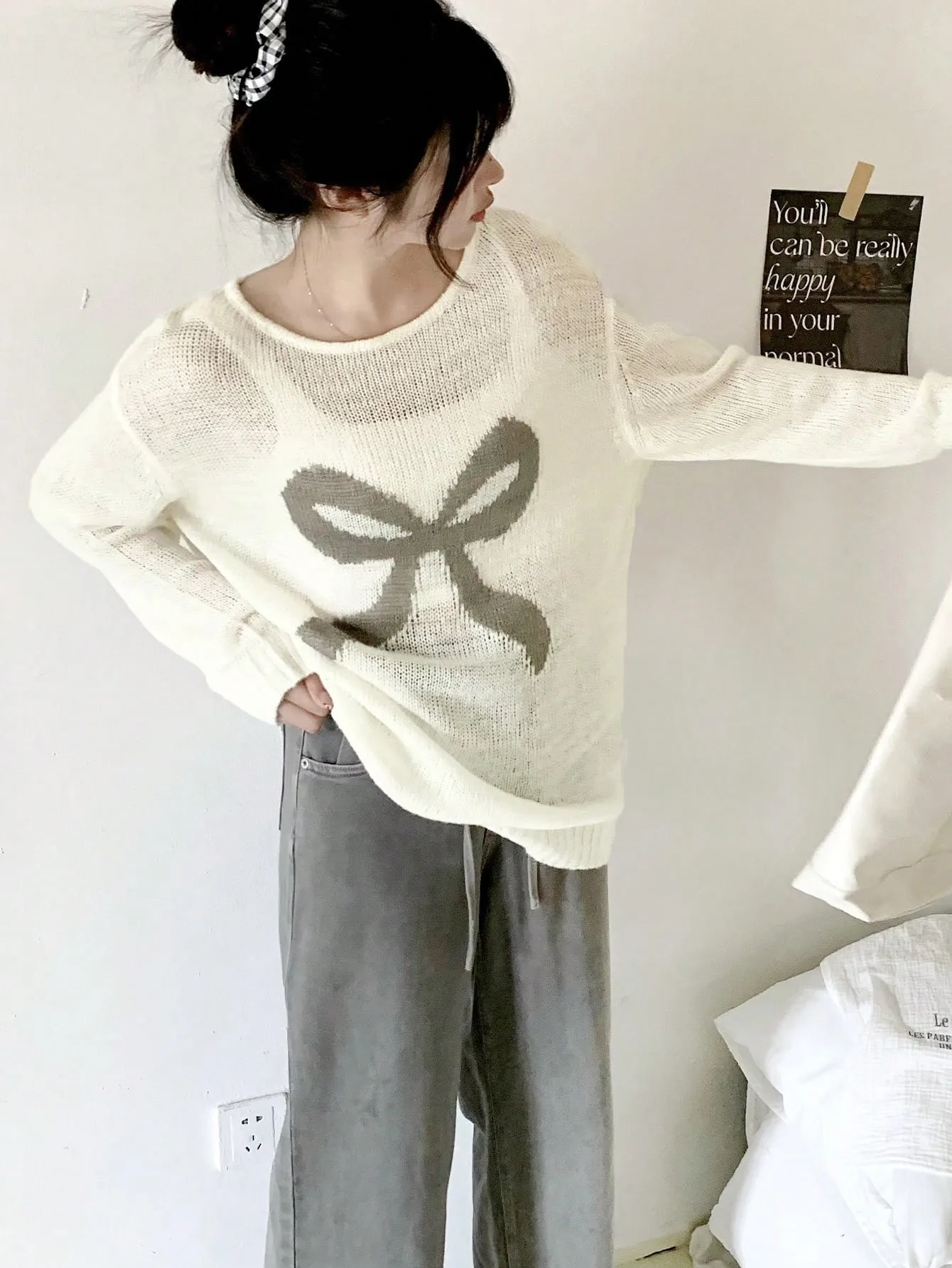 Корейский шикарный осенний трикотаж с бантом льняной топ на правое плечо круглый