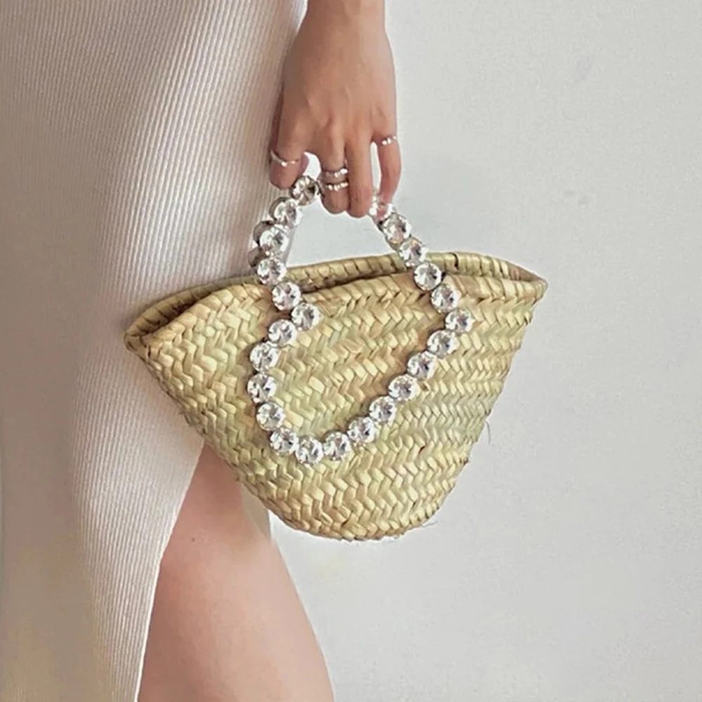 

Luxury Diamonds Straw Bag Heart Handle Women's Handbags Designer Wicker Rattan Bag Summer Beach Basket Shoulder Bags Purses