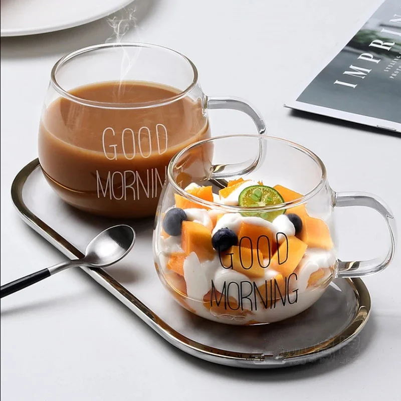 

Creative Glass Cup Letter Printed Transparent Glass Coffee Tea Mug Drinks Dessert Breakfast Milk Cup Glass Mugs Handle Cup