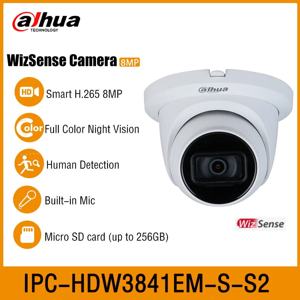 

Dahua IPC-HDW3841EM-S-S2 4K 8MP Fixed focal Eyeball WizSense Network Camera POE Built in MiC&SD Card Slot IP67 IR 30M AI Cameras