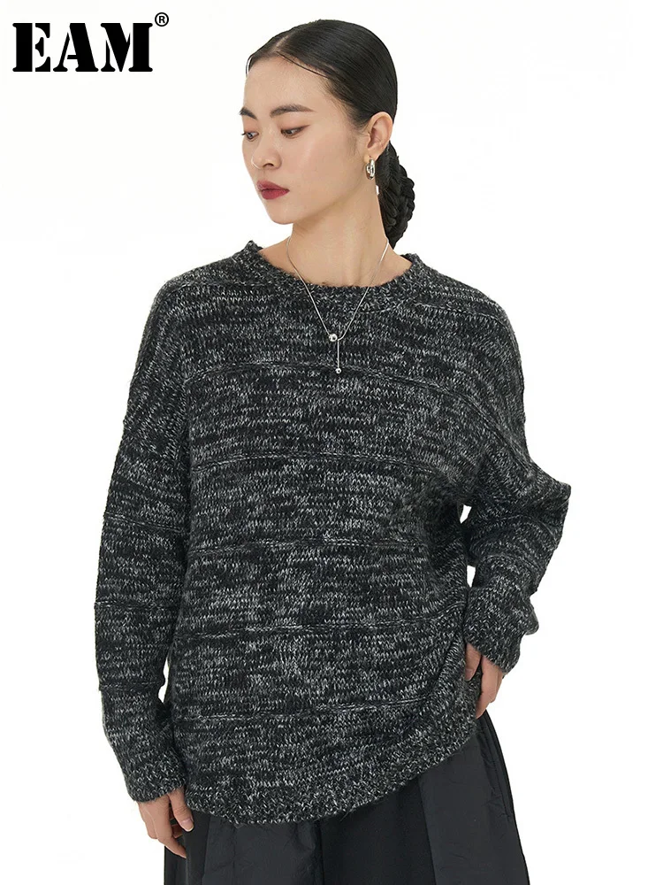 

[EAM] черный большой размер вязаный свитер свободный круглый вырез длинный рукав женские пуловеры новая мода весна осень 2023 1DH2509