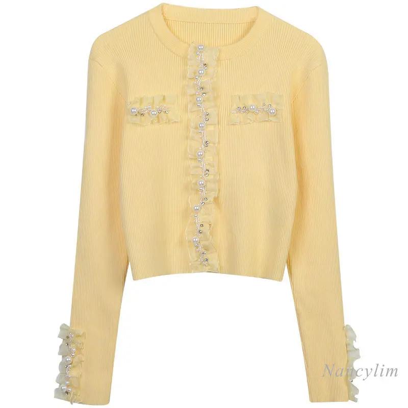 

2023 Spring Peal Beaded Knitted Cardigan Women New Women's Solid Color Diamond Temperament Slim Fit Round Neck Long Sleeves Top