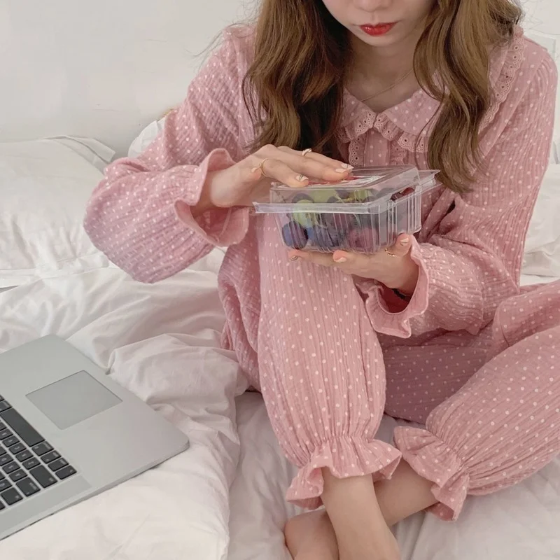 QWEEK Cotton Women's Nightwear Polka Dot Print Pajamas Korean Style Sleepwear Female Set Woman 2 Piece Pijama Kawaii Pyjama Suit