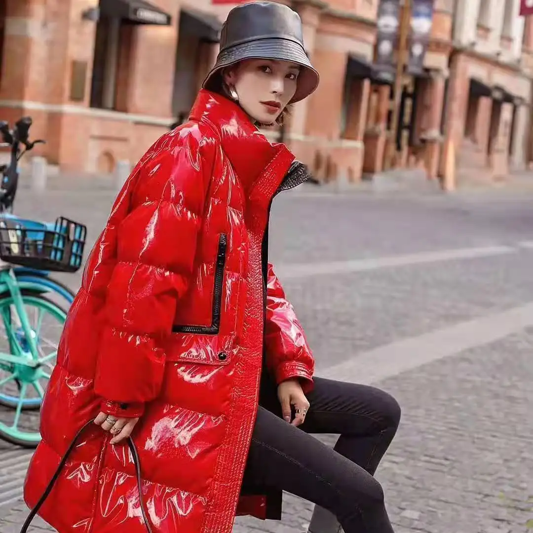 Winter Jacket Women Shiny Red Parkas Loose Down Cotton Coats Windproof Glossy Streetwear Female Clothing Thick Loose Waterproof